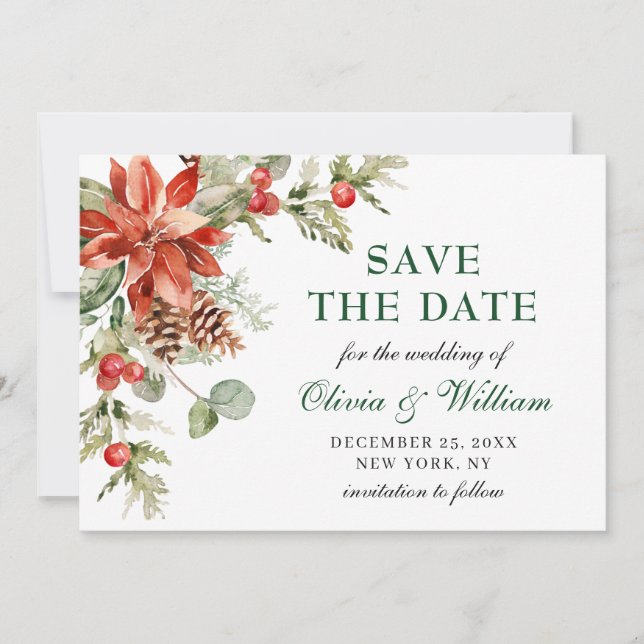 Elegant Watercolor Poinsettia Pine Branch Wedding Save The Date (Front)