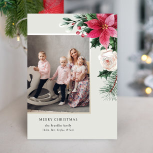Elegant Watercolor Poinsettias, Roses & Pine Photo Holiday Card