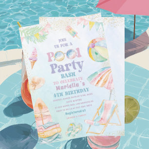 Elegant Watercolor Pool Party 4th Birthday Girl Invitation