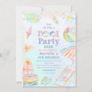 Elegant Watercolor Pool Party 8th Birthday Girl Invitation