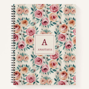 Elegant Watercolor Pretty Floral Monogram Notebook