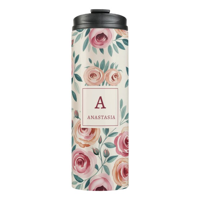 Elegant Watercolor Pretty Floral Monogram Thermal Tumbler (Front)
