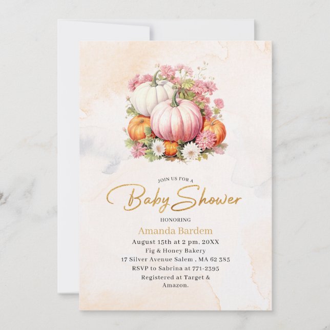 Elegant  Watercolor Pumpkin Baby shower Invitation (Front)