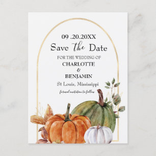 Elegant watercolor Pumpkin Wedding Save the Date  Announcement Postcard