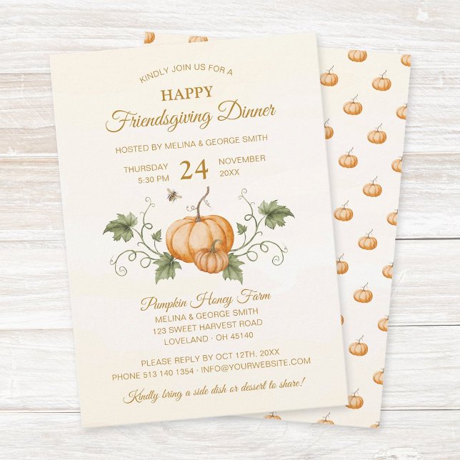Elegant Watercolor Pumpkins Friendsgiving Dinner Invitation (Elegant friendsgiving dinner party invitation featuring watercolor pumpkins, vines, leaves and bees.)