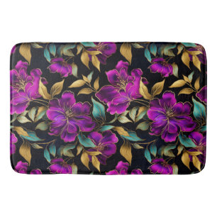 Elegant Watercolor Purple and Teal Flowers Pattern Bath Mat