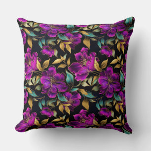 Elegant Watercolor Purple and Teal Flowers Pattern Throw Pillow