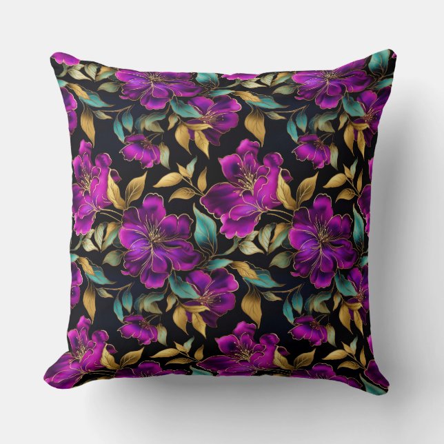Elegant Watercolor Purple and Teal Flowers Pattern Throw Pillow (Front)