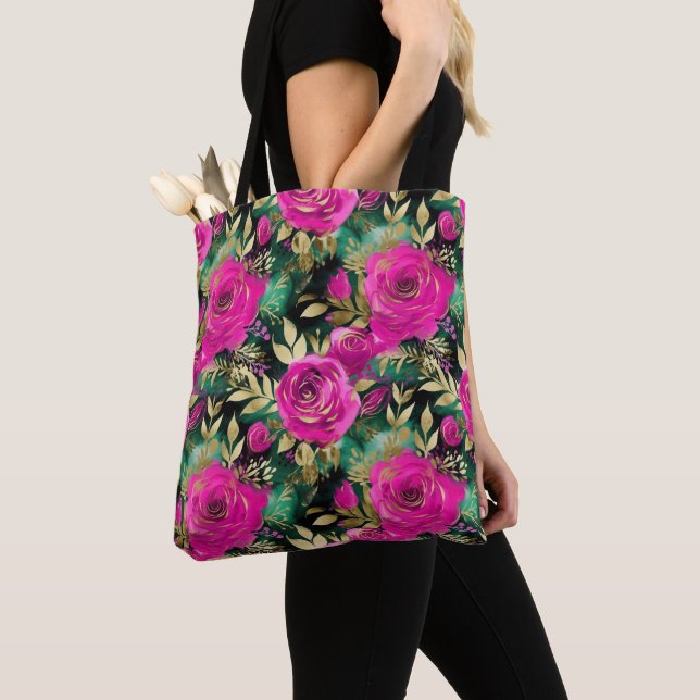 Elegant Watercolor Purple and Teal Flowers Pattern Tote Bag (Close Up)