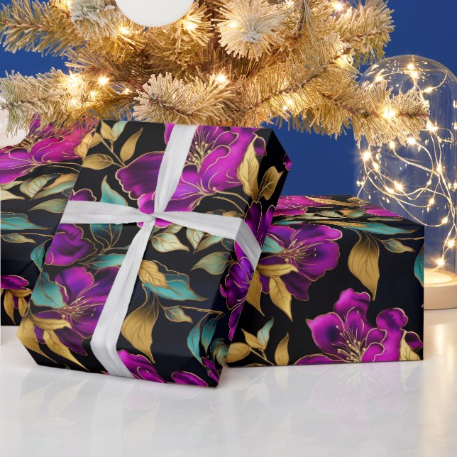 Elegant Watercolor Purple and Teal Flowers Pattern Wrapping Paper (Holidays)