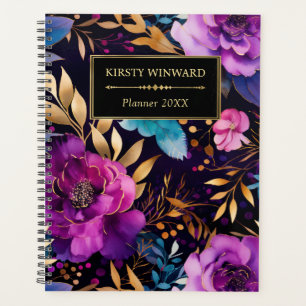 Elegant Watercolor Purple and Teal Flowers Planner
