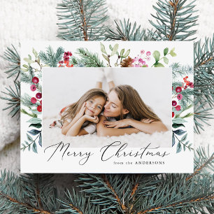 Elegant Watercolor Purple Berries & Greenery Photo Holiday Postcard