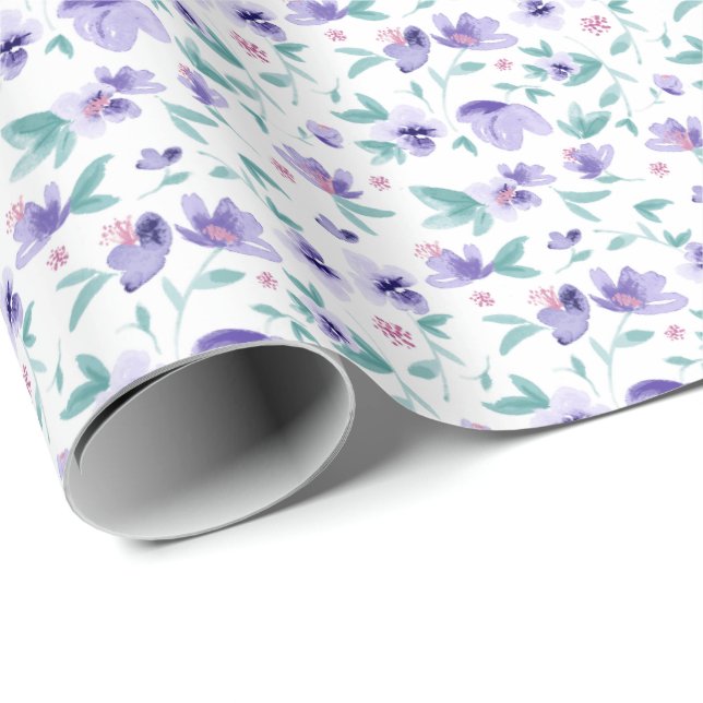 Elegant Watercolor Purple Ditsy Floral Pattern Wrapping Paper (Roll Corner)