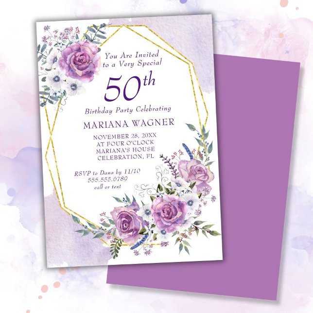 Elegant Watercolor Purple Floral 50th Birthday Invitation (Creator Uploaded)