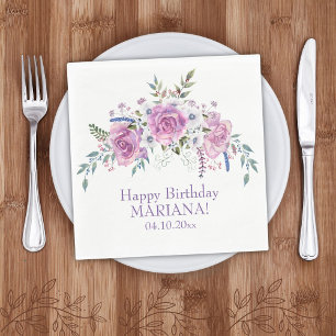 Elegant Watercolor Purple Floral Birthday Party Napkin