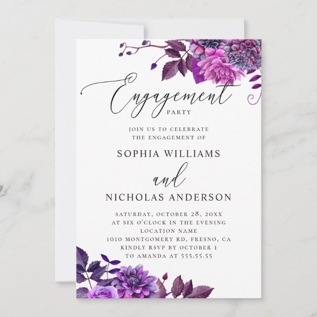 Elegant watercolor purple floral engagement party invitation (Front)