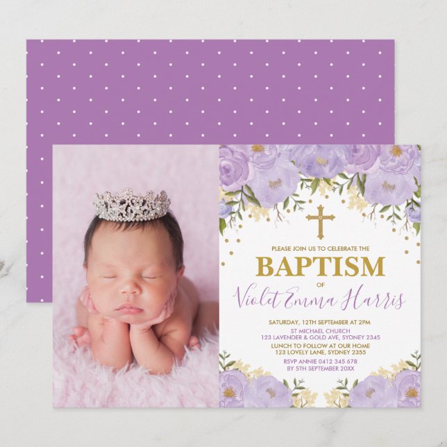 Elegant Watercolor Purple Floral Lavender Baptism Invitation (Front/Back)