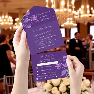 Elegant Watercolor Purple Floral Lilac Wedding All In One Invitation