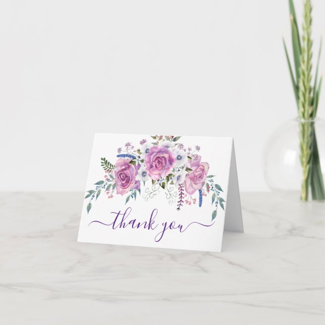 Elegant Watercolor Purple Floral Thank You Card (Front)