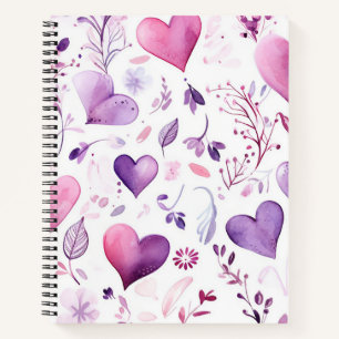 Elegant Watercolor Purple Hearts & Floral Notebook