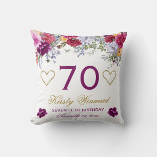 Elegant Watercolor Purple & Red Flowers Birthday Throw Pillow