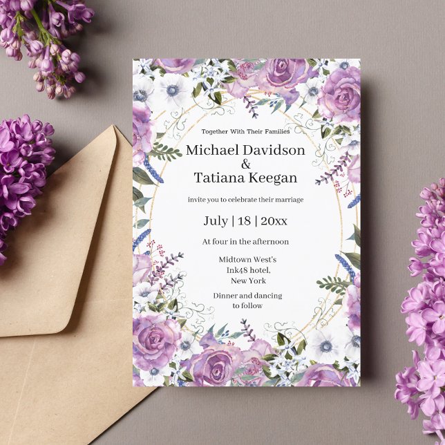 elegant watercolor purple white floral wedding invitation (Creator Uploaded)
