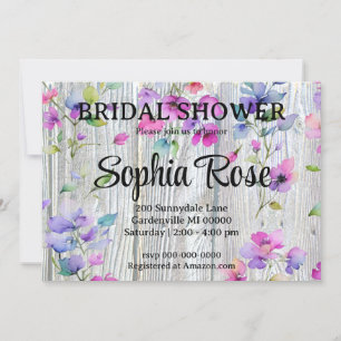 Elegant watercolor purple wildflowers barnwood invitation