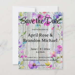 Elegant watercolor purple wildflowers barnwood save the date