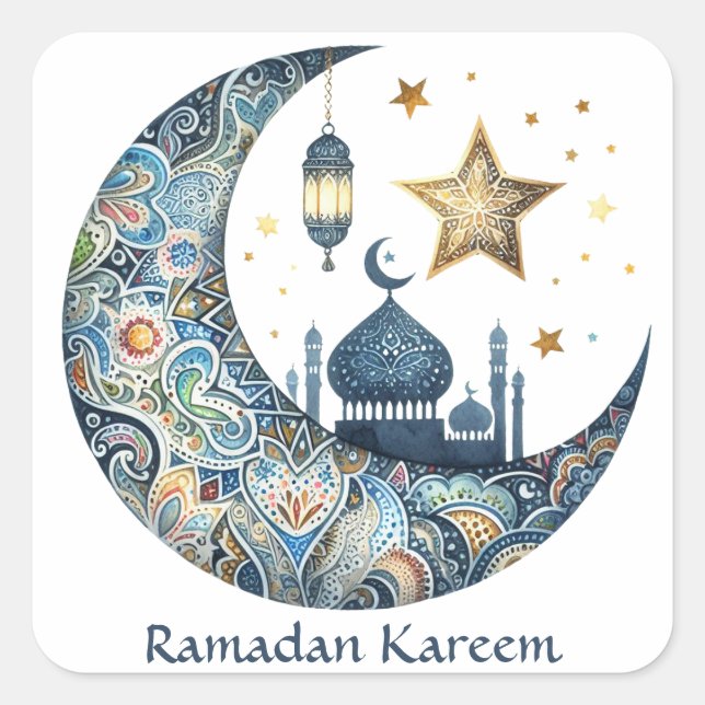 Elegant watercolor Ramadan Kareem Mubarak Square Sticker (Front)