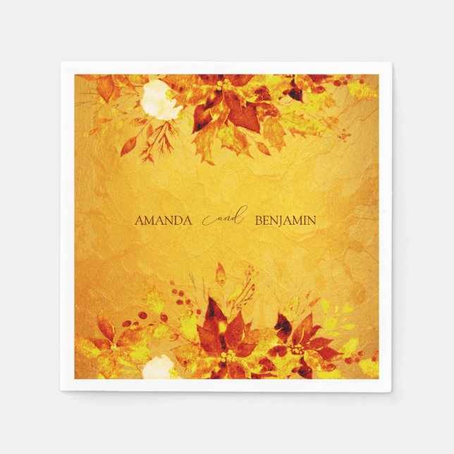 Elegant Watercolor Red and Gold Poinsettia Wedding Napkin (Front)