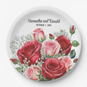 Elegant Watercolor Red and Pink Roses Wedding Paper Plate