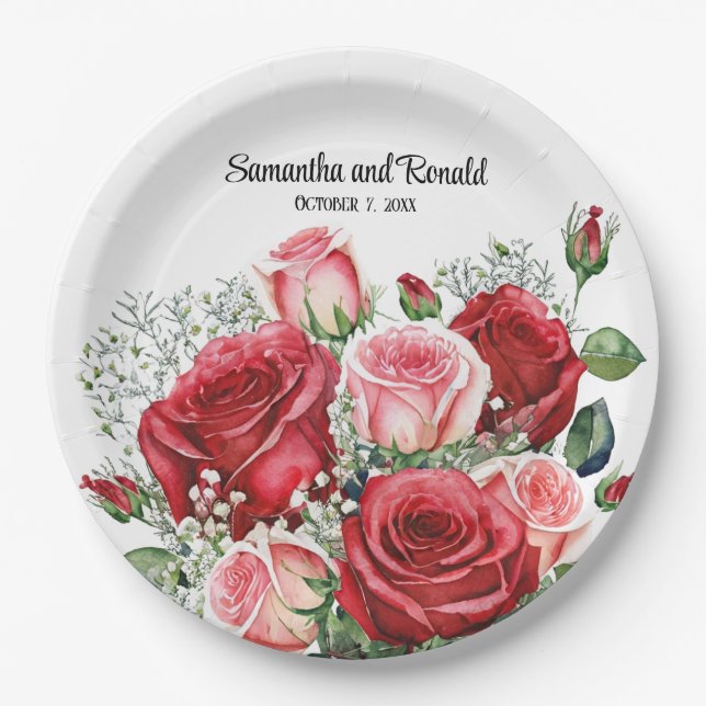 Elegant Watercolor Red and Pink Roses Wedding Paper Plate (Front)