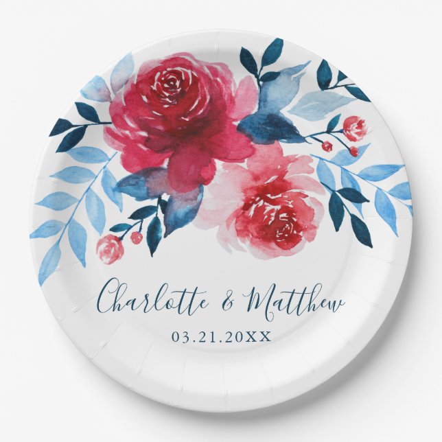 Elegant Watercolor Red Blue Floral Wedding Paper Plate (Front)