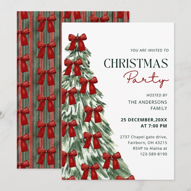 Elegant Watercolor Red Bow Christmas Tree Party Invitation (Front/Back)