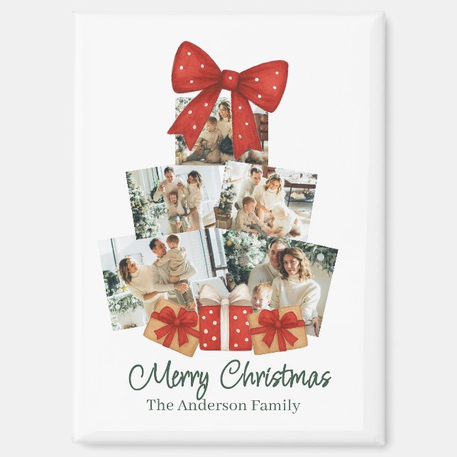 Elegant Watercolor Red Bow Family Christmas Tree Magnet (Front)