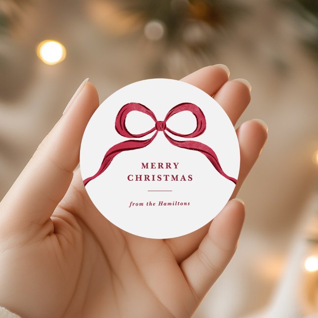 Elegant Watercolor Red Bow Merry Christmas Classic Round Sticker (elegant watercolour red bow Christmas gift stickers)