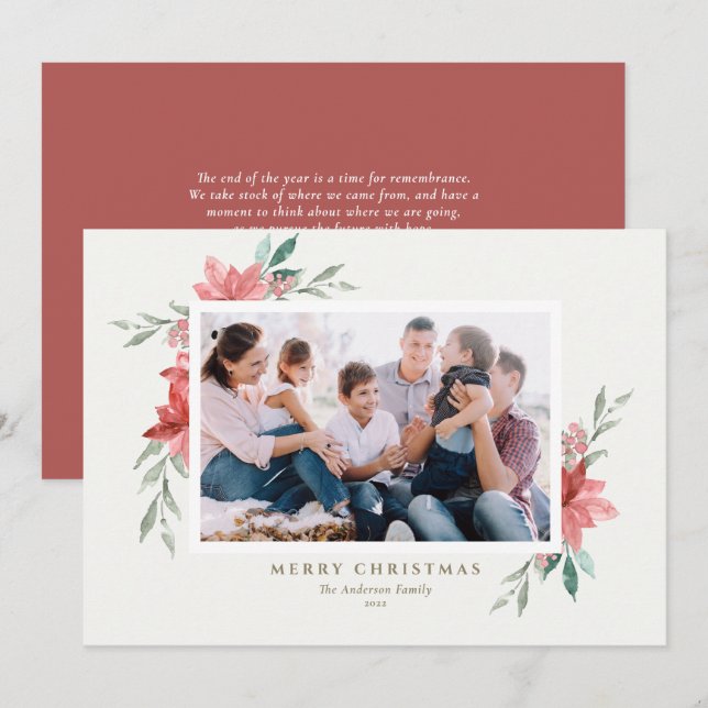 Elegant Watercolor Red Christmas Flowers Photo Holiday Card (Front/Back)