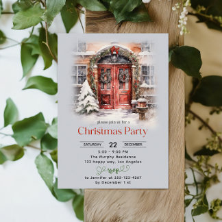 Elegant Watercolor Red Door Christmas Party Invitation
