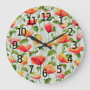 Elegant Watercolor Red Pink and Yellow Flowers Large Clock