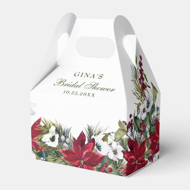 Elegant Watercolor Red Poinsettia Bridal Shower Favor Box (Front Side)