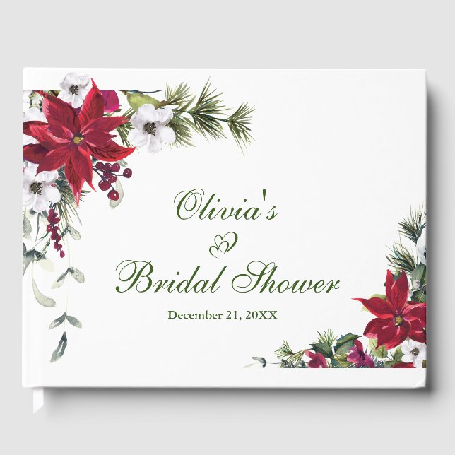 Elegant Watercolor Red Poinsettia Bridal Shower Guest Book (Front)