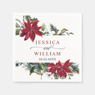 Elegant Watercolor Red Poinsettia Pine Fir Wedding Napkin