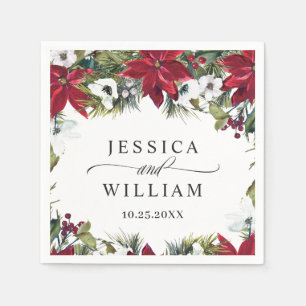 Elegant Watercolor Red Poinsettia Pine Fir Wedding Napkin