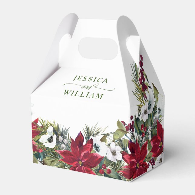 Elegant Watercolor Red Poinsettia Wedding Favor Box (Front Side)