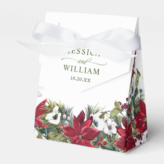 Elegant Watercolor Red Poinsettia Wedding Favor Box (Front Side)