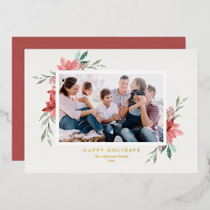 Elegant Watercolor Red Poinsettias Photo Foil Holiday Card