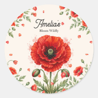 Elegant Watercolor Red Poppy Symmetrical Monogram  Classic Round Sticker