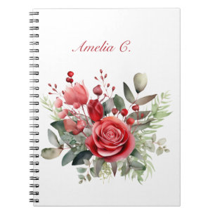Elegant Watercolor Red Rose Bouquet White Notebook