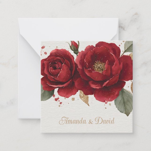 Elegant Watercolor Red Roses with Golden Glitter Card (Front)