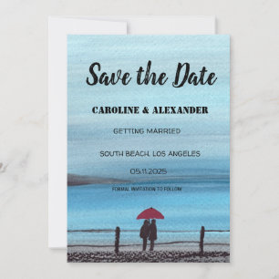 Elegant Watercolor Red Umbrella Couple Wedding  Save The Date